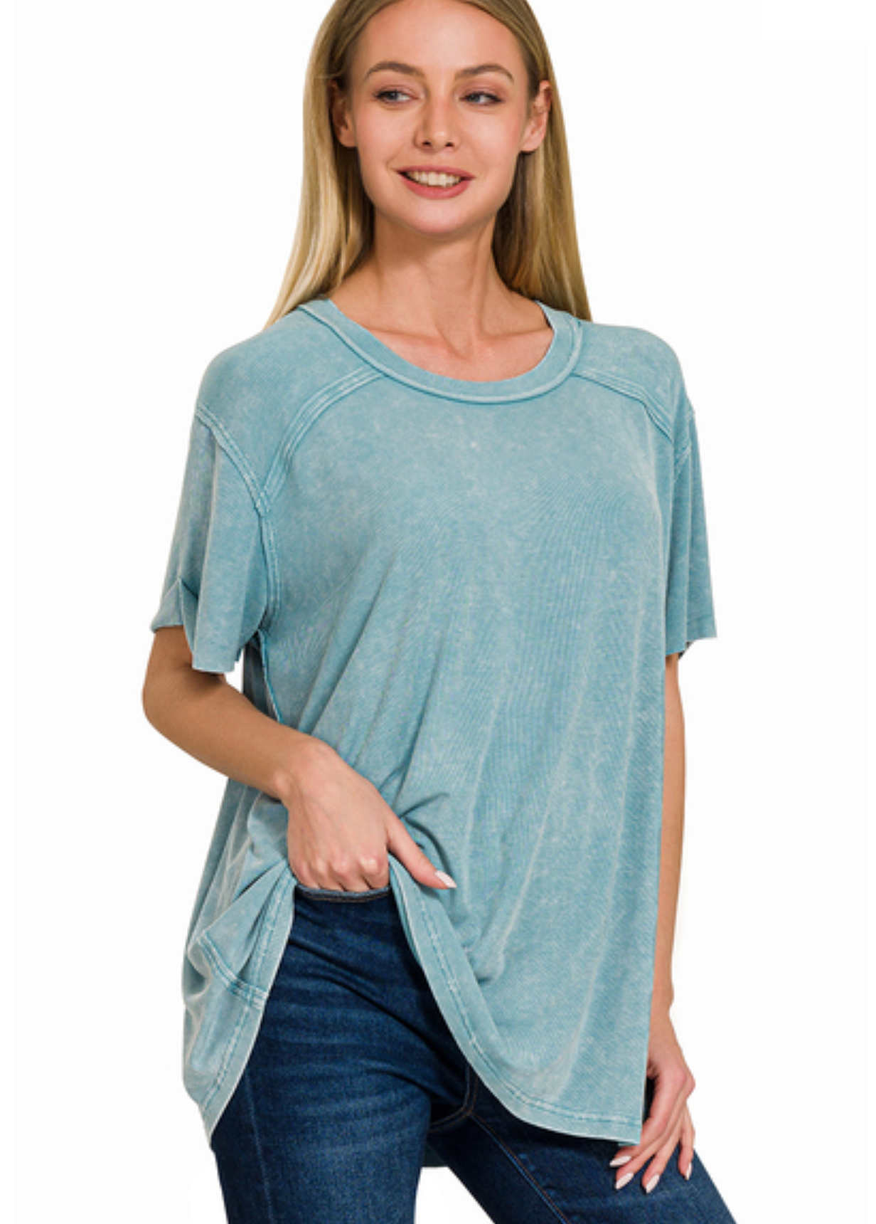 WASHED RIB S/SLV BOAT NK TOP