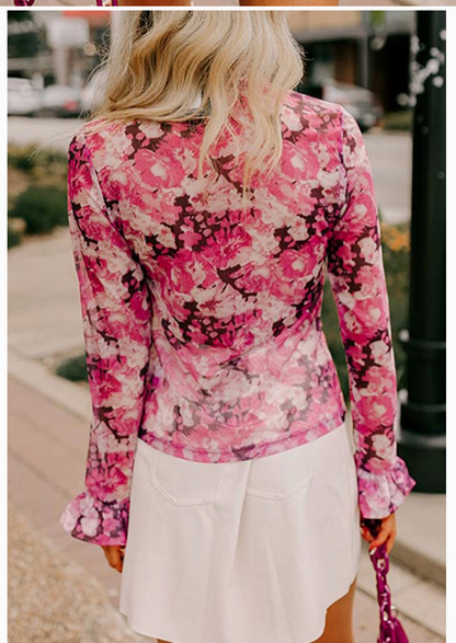 FLORAL MESH MOCKNECK TOP