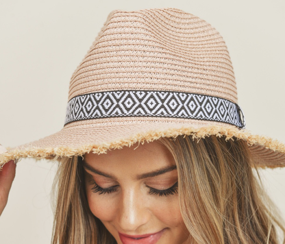 STRAW Panama hat W/FRAYED EDGES B/W AZTEC BAND