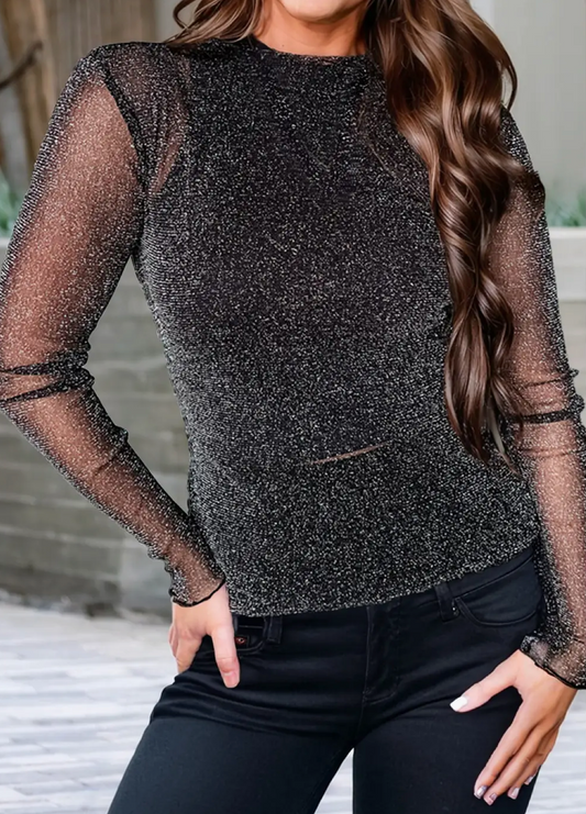 MESH GLITTER L/SLV TOP