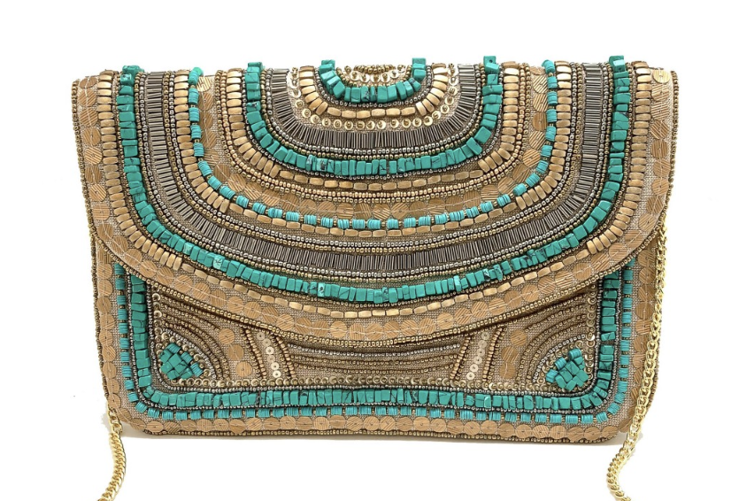 GOLD/TURQUOISE BEADED CLUTCH