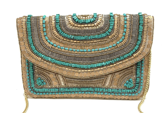 GOLD/TURQUOISE BEADED CLUTCH