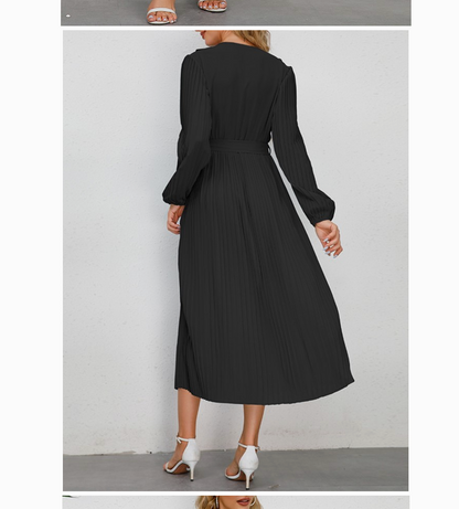 PLEATED BOW TIE VNECK DRESS