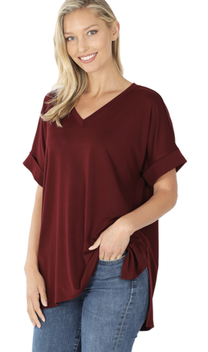 ROLLED SLV V-NECKHI-LO HEM