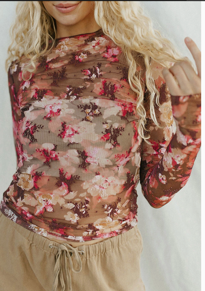 FLORAL MESH L/SLV TOP