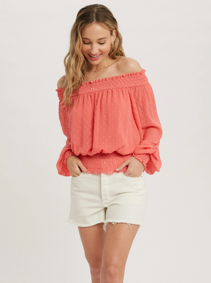 SMOCKING OFF THE SHOULDER BLOUSE