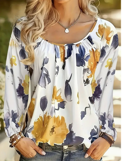 FLORAL SCOOPNK L/SLV BLOUSE