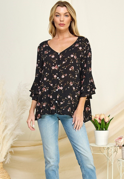 FLORAL RUFFLE SLEEVE TOP