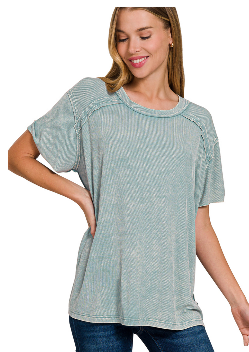WASHED RIB S/SLV BOAT NK TOP