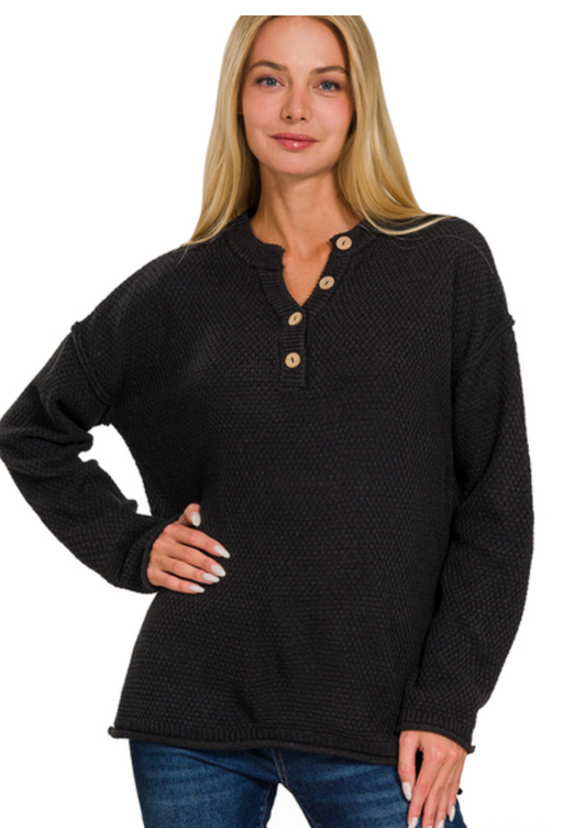 BUTTON HENLEY SWEATER