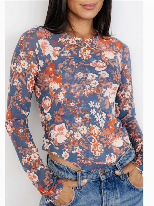 FLORAL MESH L/SLV TOP