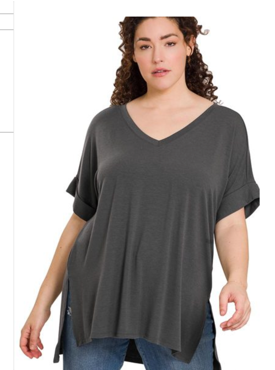 ROLLED SLV V-NECKHI-LO HEM