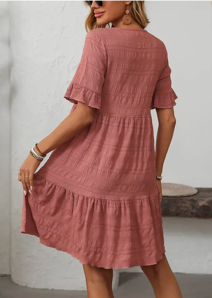 RUFFLE SLV TIERED A-LINE DRESS