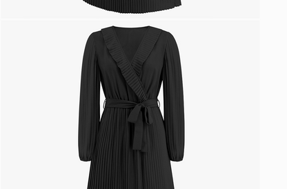 PLEATED BOW TIE VNECK DRESS