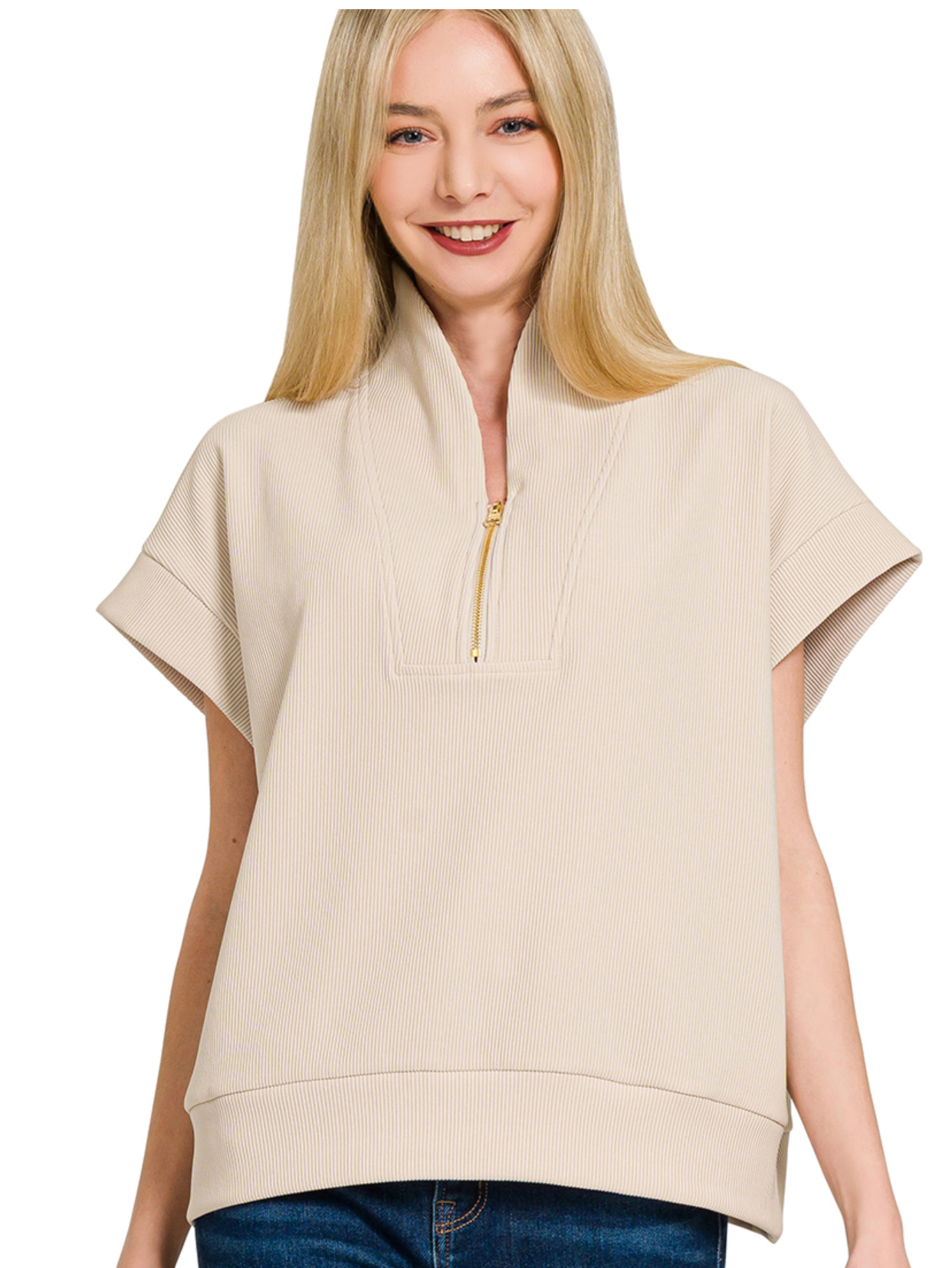 RIBBED HIGHNK HALF ZIP TOP