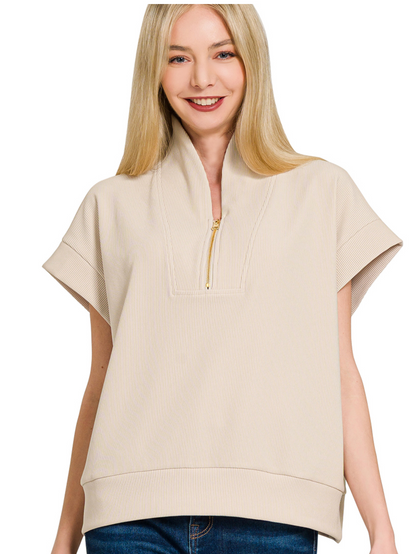 RIBBED HIGHNK HALF ZIP TOP