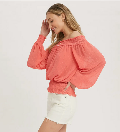 SMOCKING OFF THE SHOULDER BLOUSE