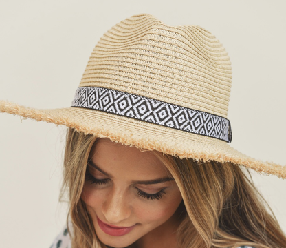 STRAW Panama hat W/FRAYED EDGES B/W AZTEC BAND
