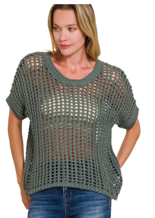 FISH NET SHORT SLEEVE CROCHET SWEATER