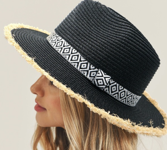 STRAW Panama hat W/FRAYED EDGES B/W AZTEC BAND