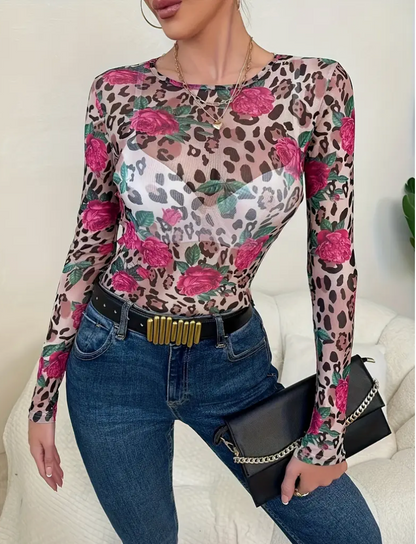FLORAL LEOPARD MESH TOP