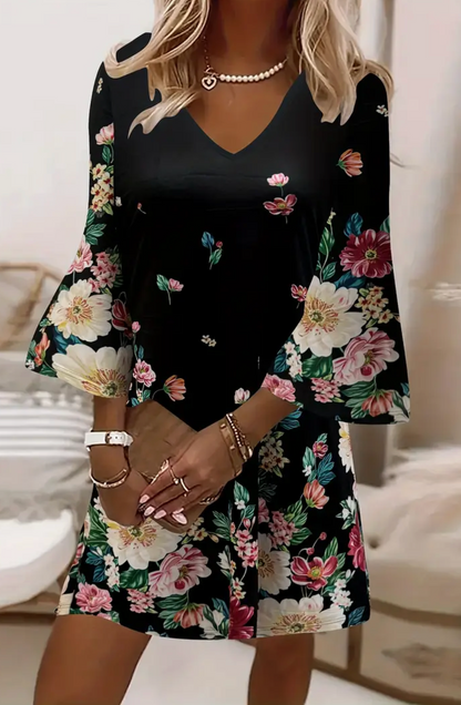 VNECK BELL SLV FLORAL DRESS