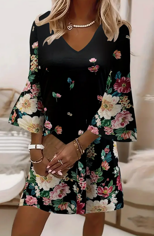 VNECK BELL SLV FLORAL DRESS