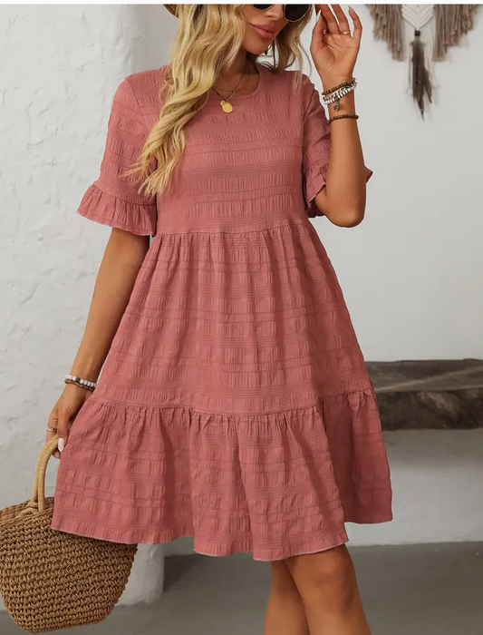RUFFLE SLV TIERED A-LINE DRESS