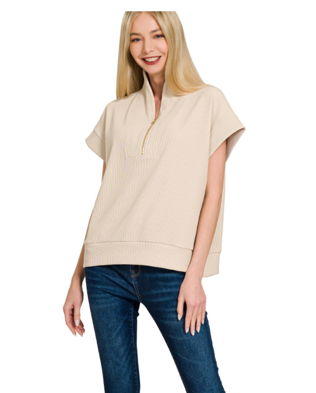 RIBBED HIGHNK HALF ZIP TOP