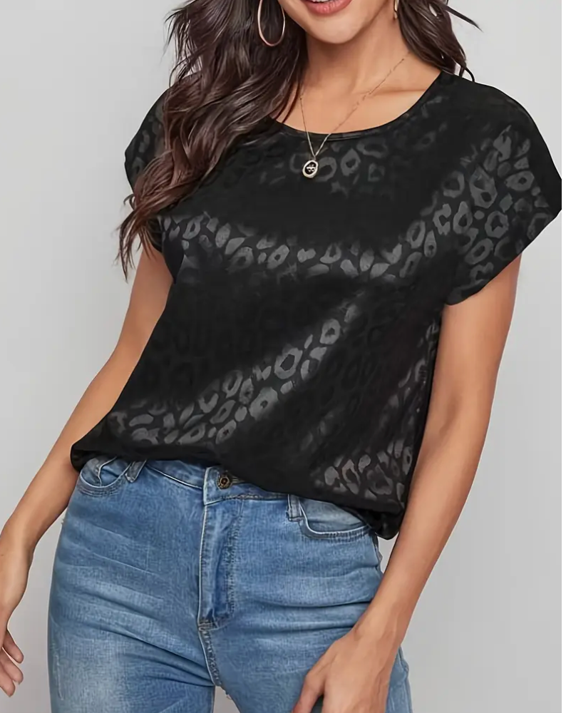 LEOPARD PRINT SATIN S/SLV TOP