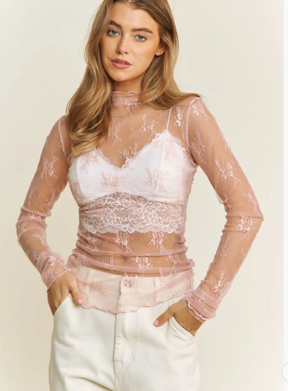 LACE MESH L/SLV TOP