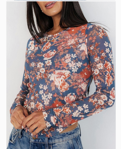 FLORAL MESH L/SLV TOP