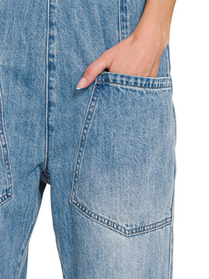 DENIM ADJ STRAP BAGGY JUMPSUIT