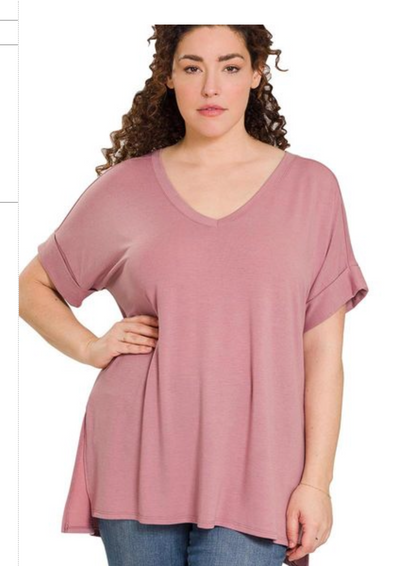 ROLLED SLV V-NECKHI-LO HEM