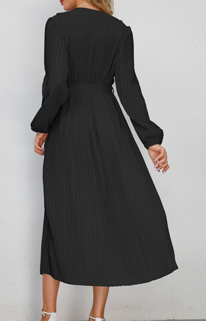 PLEATED BOW TIE VNECK DRESS