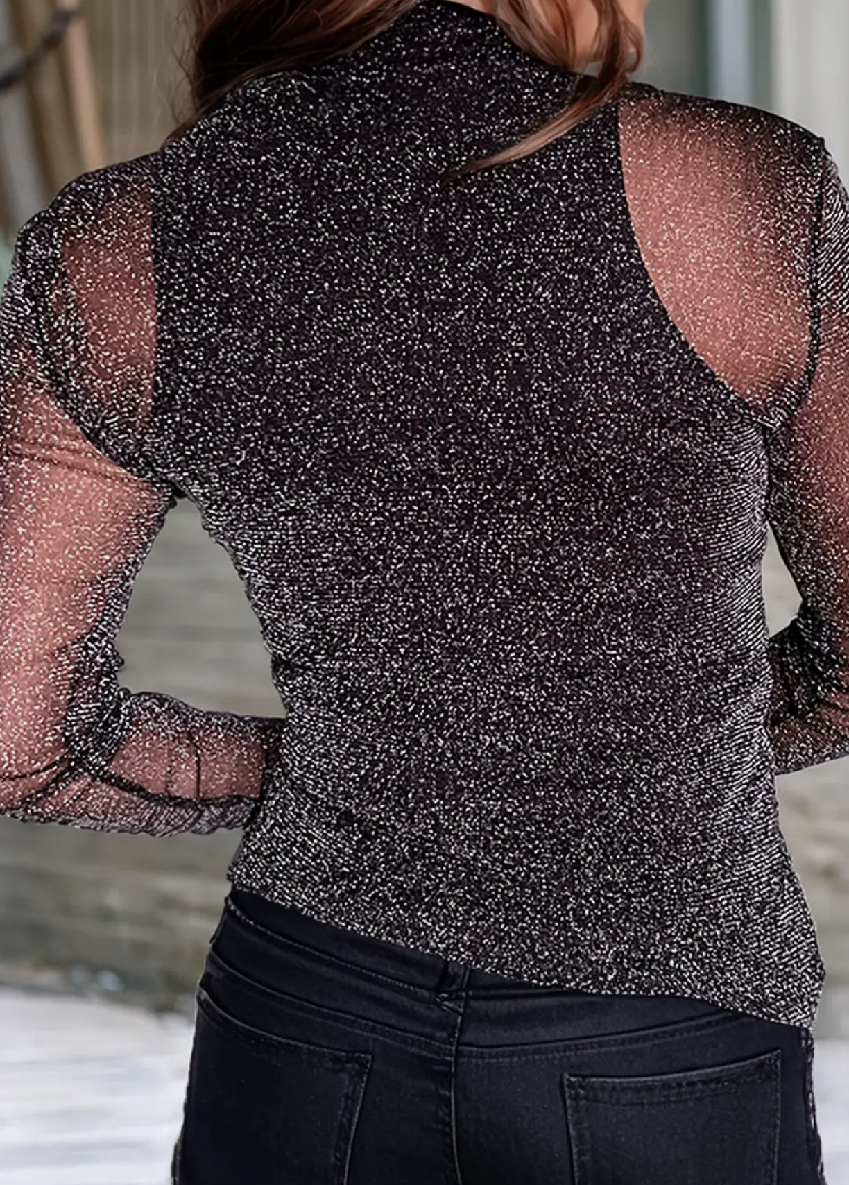 MESH GLITTER L/SLV TOP