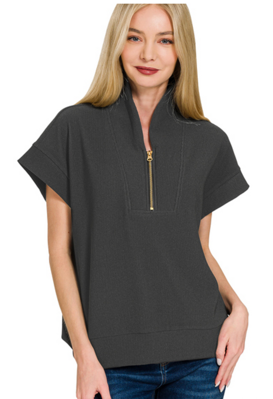 RIBBED HIGHNK HALF ZIP TOP