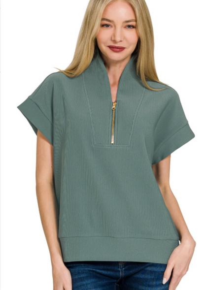 RIBBED HIGHNK HALF ZIP TOP