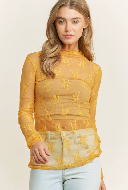 LACE MESH L/SLV TOP