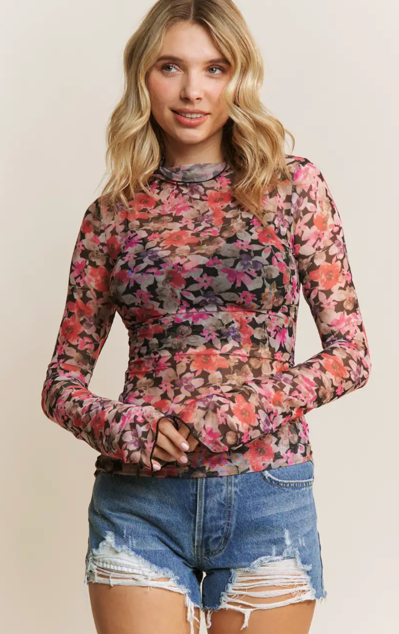 FLORAL MESH FITTED L/SLV