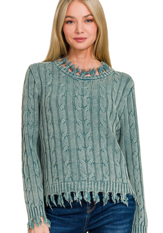 CABLE KNIT FRINGE SWEATER