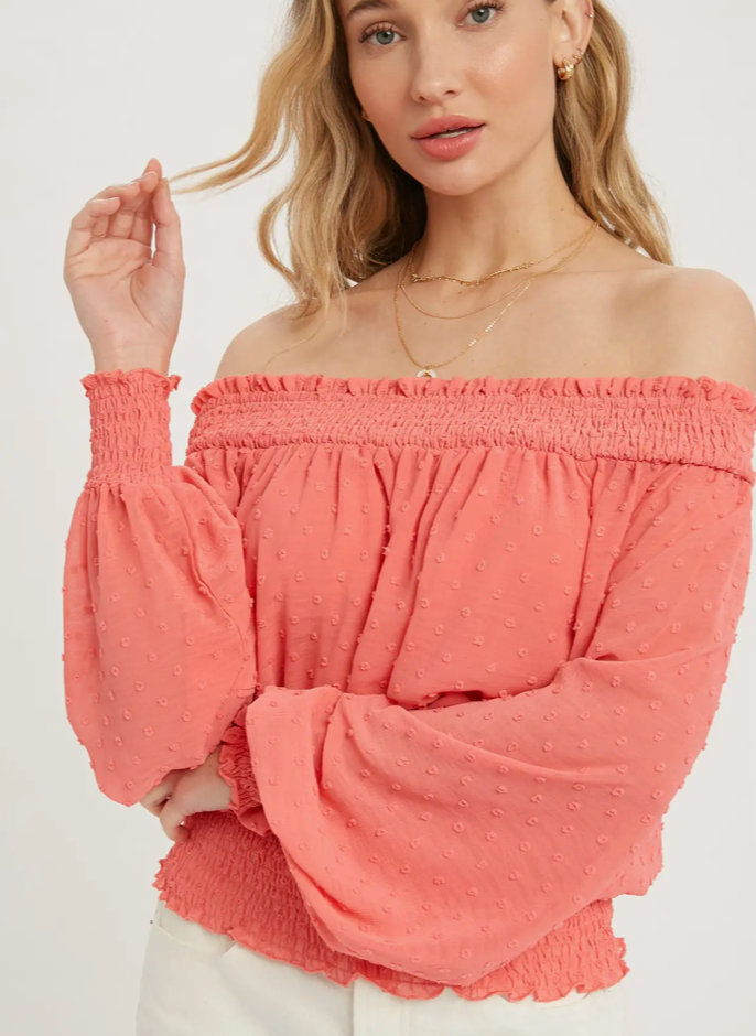 SMOCKING OFF THE SHOULDER BLOUSE