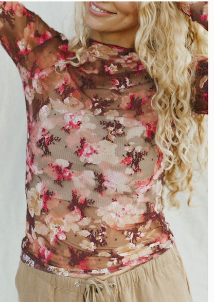 FLORAL MESH L/SLV TOP