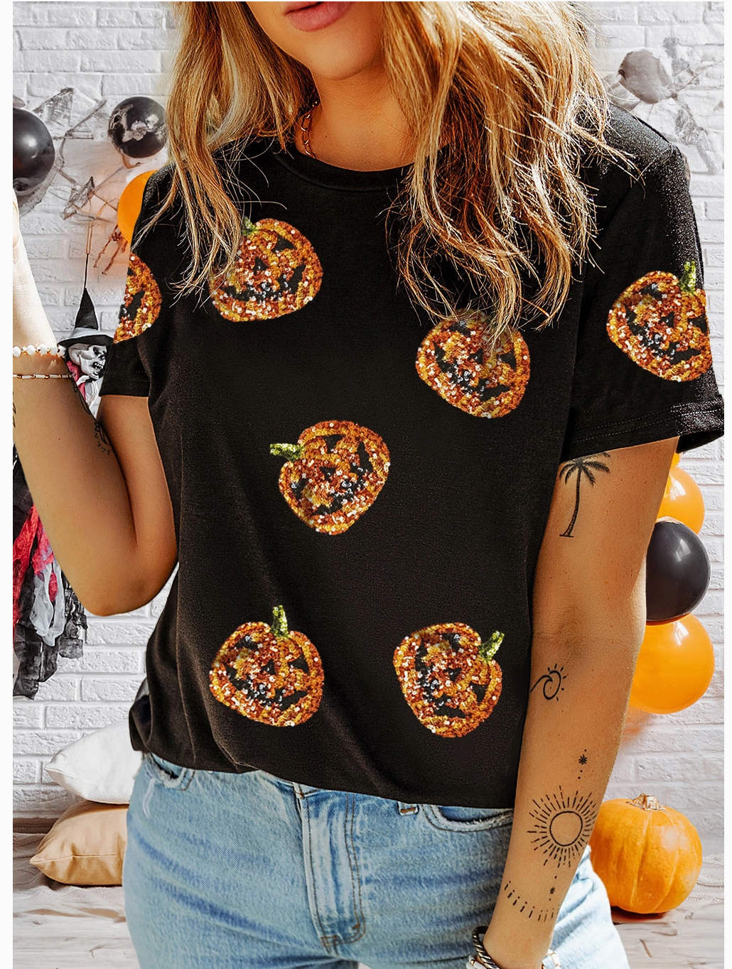 SEQUIN PUMPKIN FACE TEE